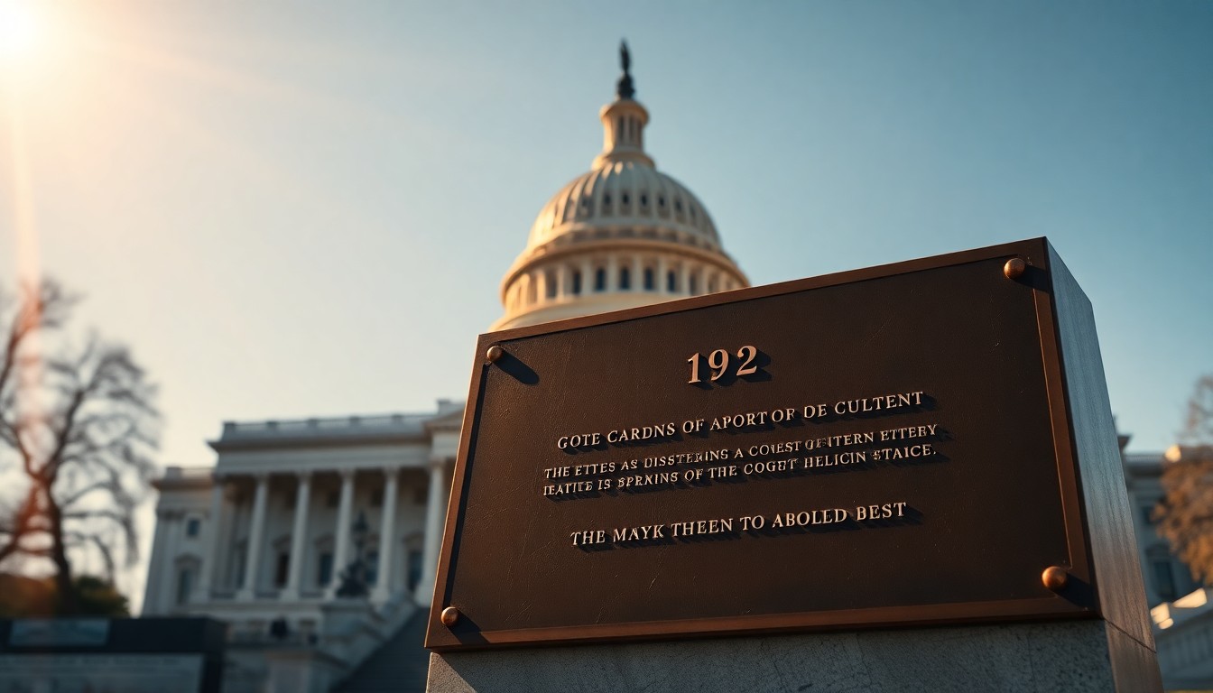 A detailed, cinematic painting of a solitary bronze plaque reflecting warm, diagonal sunlight and deep shadows, set against the backdrop of the iconic U.S. Capitol building, conceptually representing the importance of public memorials and the complexities of honoring those who have served.