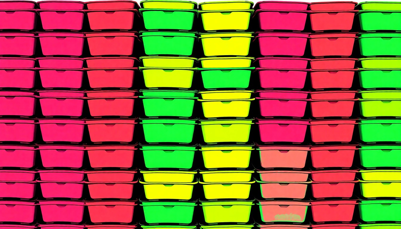 A bold, colorful silkscreen-style illustration featuring a repeating grid of stacked meal trays or food containers in vibrant neon shades, conceptually representing the large-scale meal-packing efforts of Pella Middle School students.