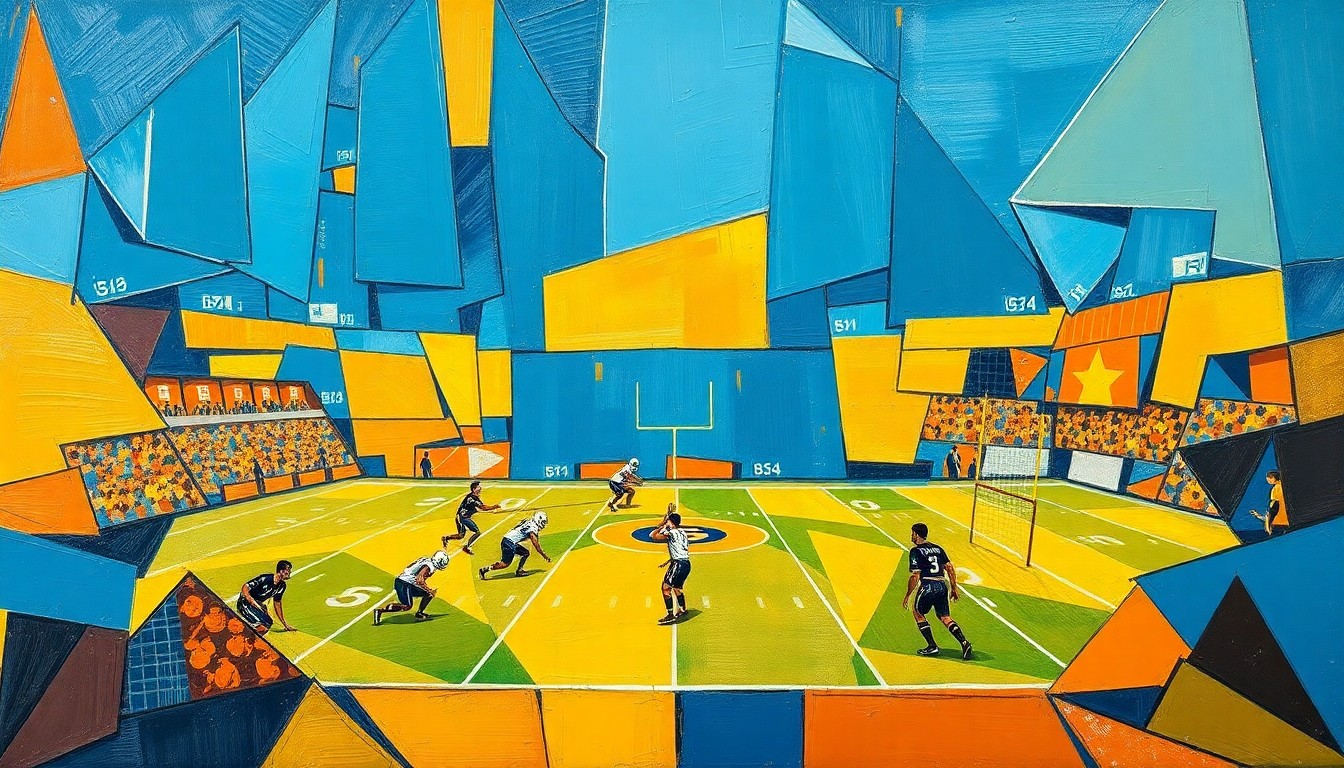 A cubist, geometric painting depicting a fragmented football field, with players and equipment broken down into sharp, overlapping shapes in a vibrant color palette, capturing the uncertainty and anticipation surrounding Aaron Rodgers' future with the Pittsburgh Steelers.