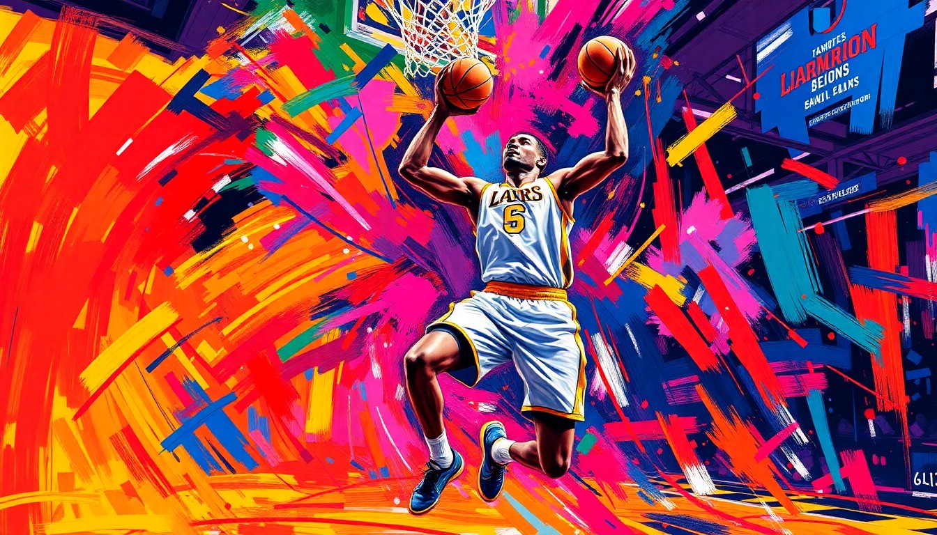 An abstract, neon-colored painting depicting a basketball player in motion, with bold brushstrokes and a sense of raw, dynamic energy.