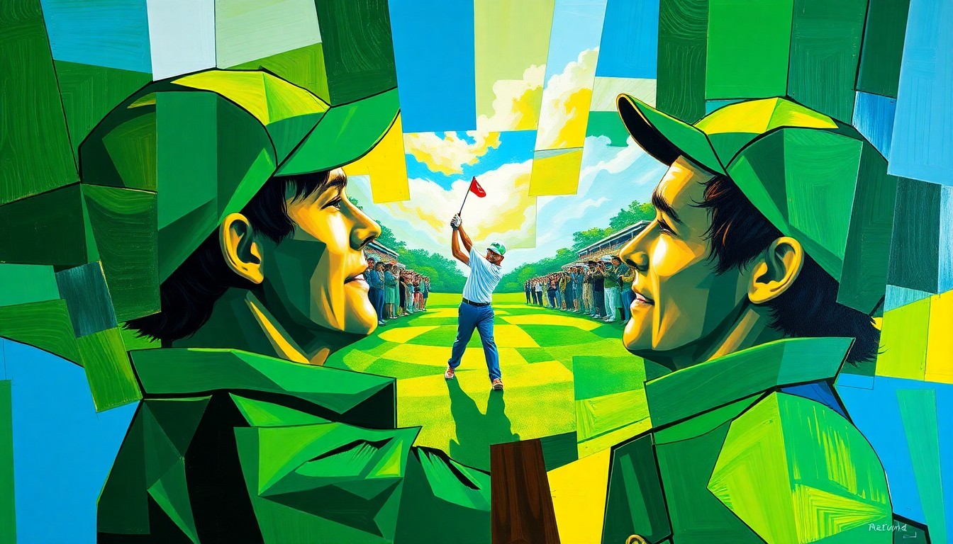 A fractured, multi-perspective painting in the style of Pablo Picasso, breaking down the final moments of Rory McIlroy's 2025 Masters victory into sharp, overlapping geometric planes of vibrant emerald green, azure blue, and golden yellow, capturing the raw emotion and energy of the moment.