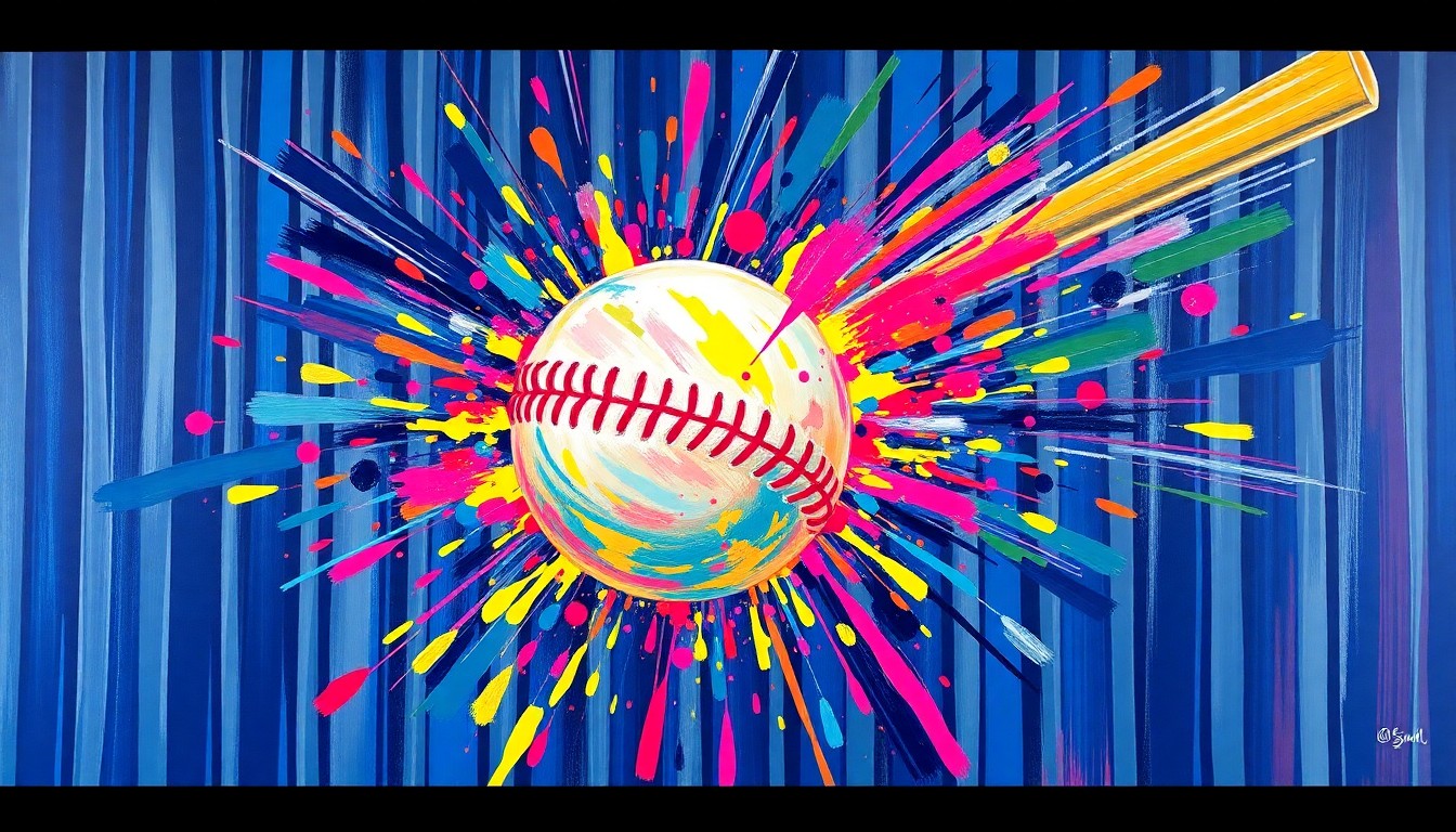 A vibrant, expressionist painting in neon colors capturing the raw power and energy of Aaron Judge's home run swing, with the baseball itself dissolving into an unrecognizable splatter against a backdrop of the Yankees' iconic pinstripes.