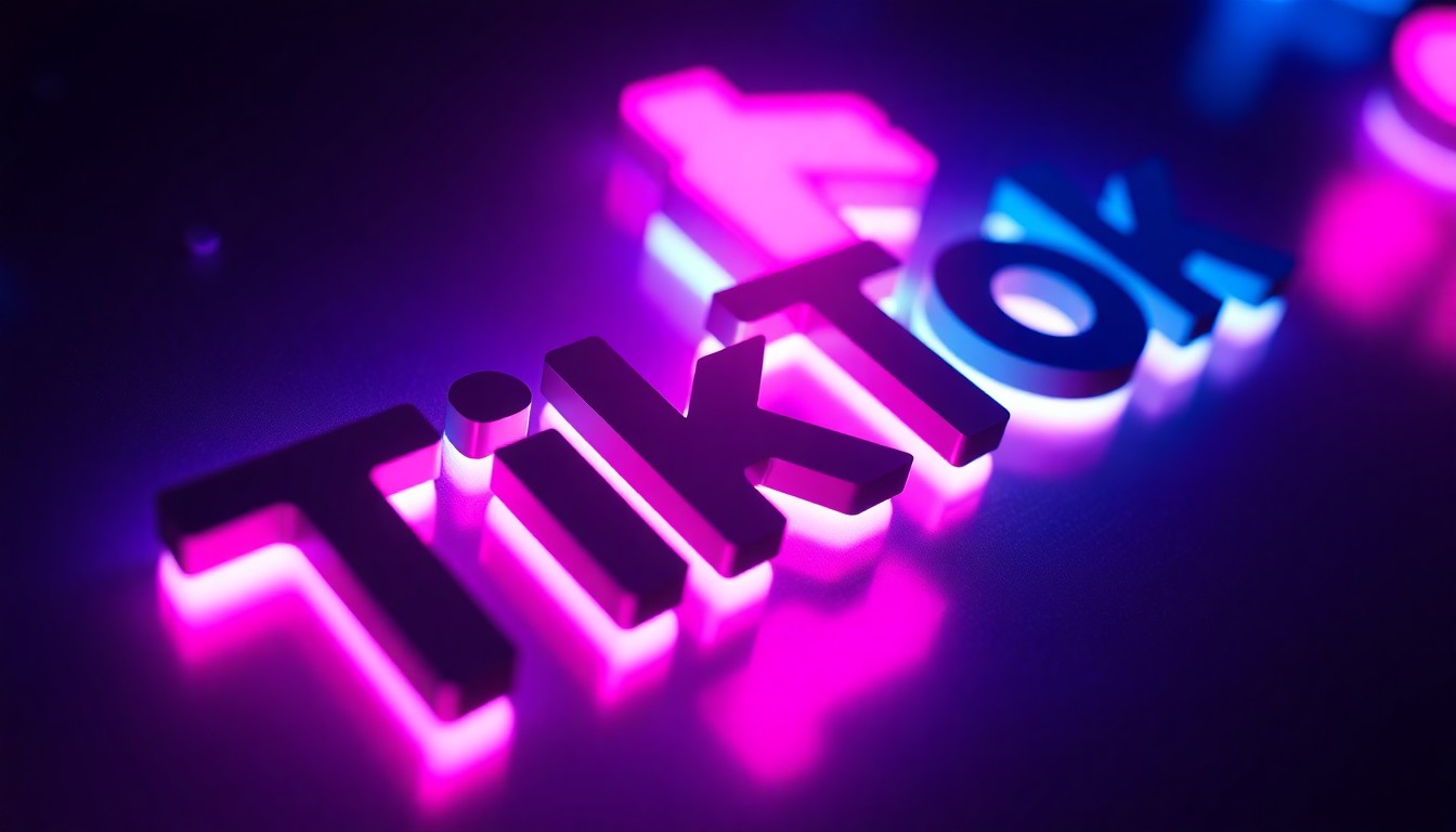 A highly detailed, glowing 3D illustration of abstract TikTok app interface elements, such as a logo or user interface components, illuminated by vibrant neon cyan and magenta lights, conveying the complex intersection of technology, data, and national security.