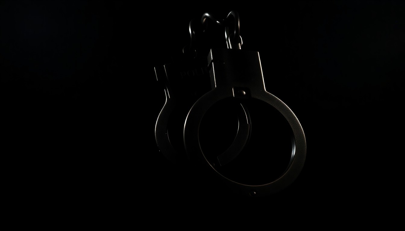 An extreme close-up photograph of a police badge or handcuffs, capturing the details and textures of the metal under harsh, direct lighting, creating a stark, gritty, and investigative visual metaphor for the town hall meeting's focus on public safety.