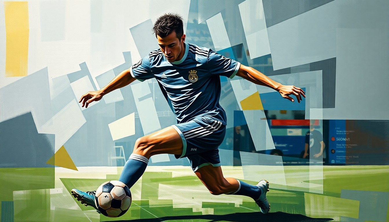 A fragmented, geometric painting depicting a soccer player in motion, with sharp, overlapping planes of color and form capturing the dynamic nature of the sport.