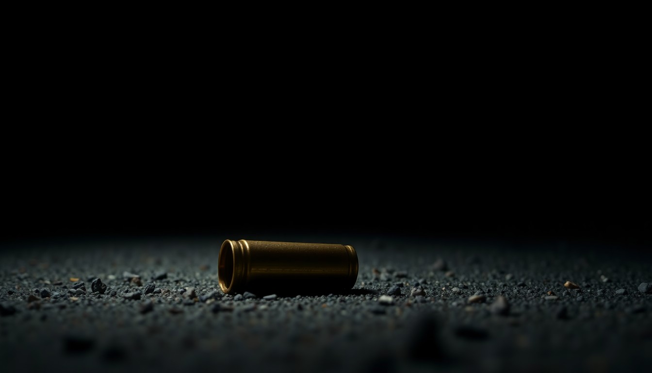 An extreme close-up photograph of a single spent shell casing on the ground, lit by a harsh, direct camera flash against a pitch-black background, creating a stark, gritty, investigative aesthetic.
