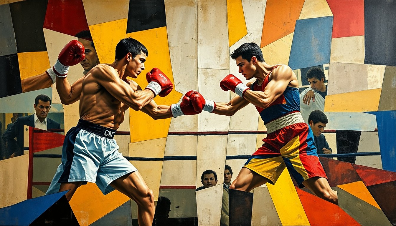 A cubist-style painting depicting a boxing match between two figures, their bodies and movements fractured into sharp, overlapping geometric shapes and planes in a vibrant color palette, conveying the dynamic energy and uncertainty of the super-welterweight division's future.