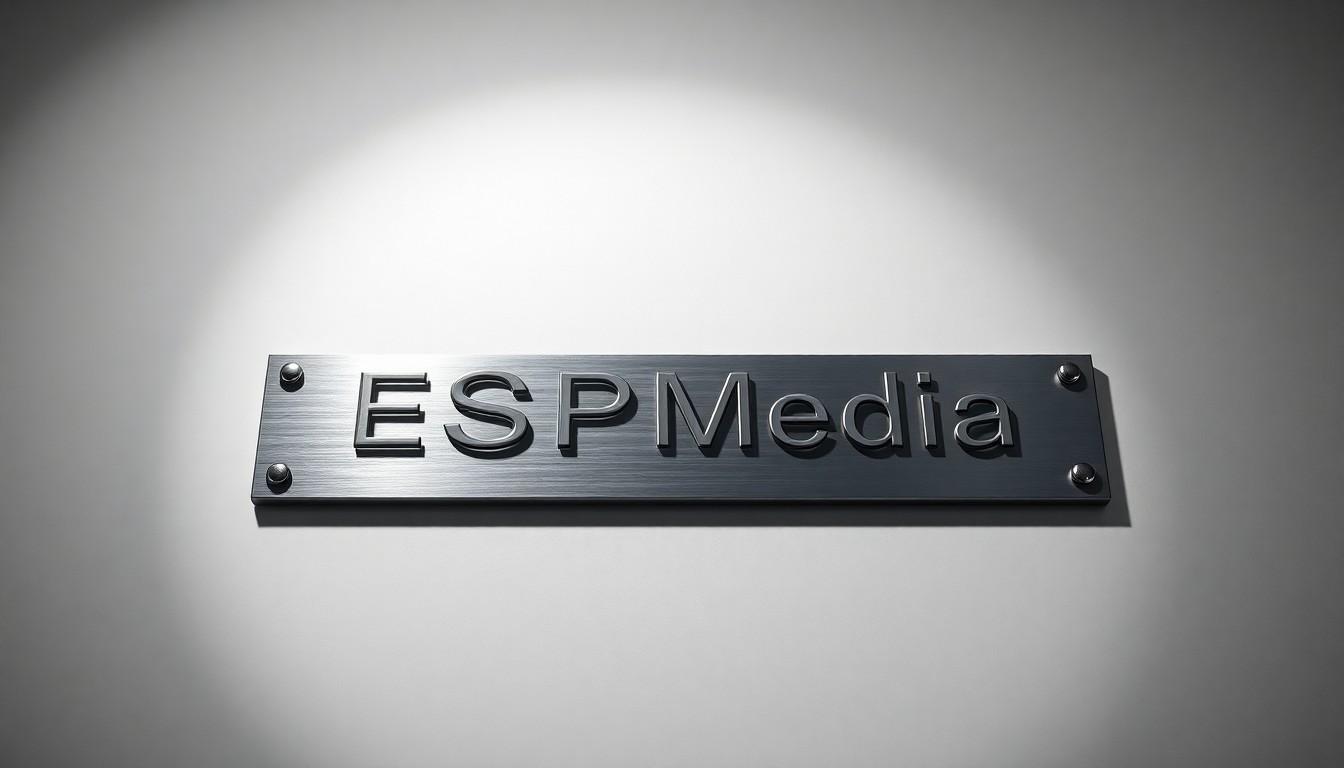 A polished metal nameplate with the text 'ESPMedia' engraved on it, resting on a clean, monochromatic background and illuminated by dramatic studio lighting, conceptually representing the complex web of connections between the school system, the media company, and local politics.