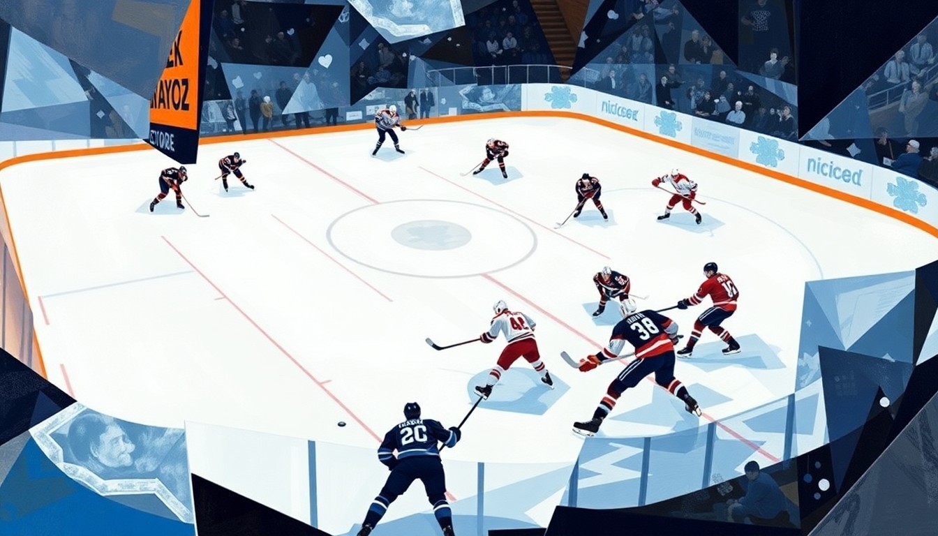 A fractured, cubist-style painting depicting a hockey game in abstract geometric shapes and planes of color, capturing the intensity and unpredictability of the NHL playoff race.