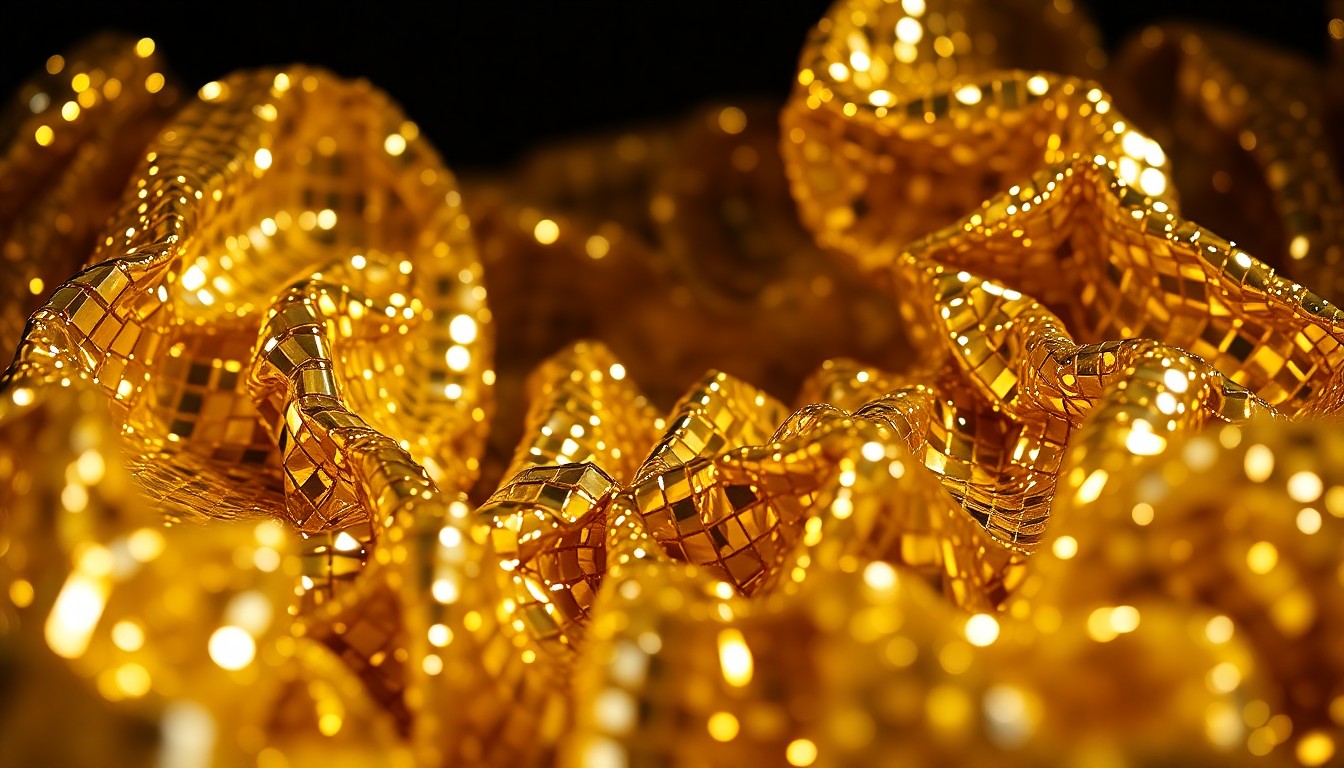 An abstract close-up photograph of shimmering, crumpled gold and silver sequins under dramatic studio lighting, conveying the luxurious and celebratory atmosphere of a theatrical premiere.