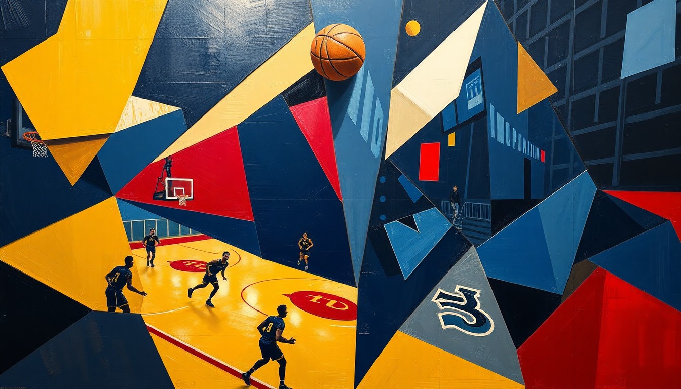 A cubist, geometric painting depicting a basketball game or match, with sharp, overlapping planes of navy blue, gold, and crimson red, capturing the dynamic movement and energy of the sport.