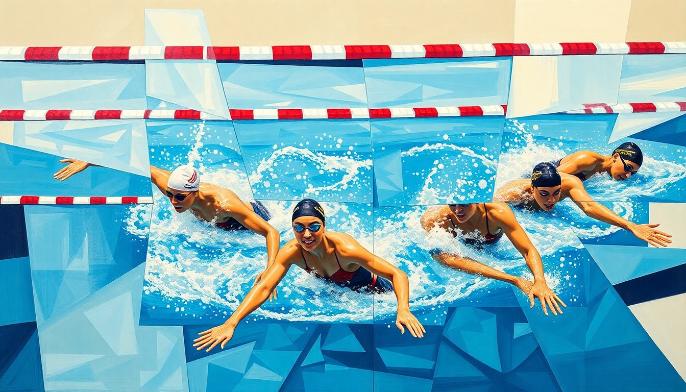 A cubist, geometric painting depicting a women's swimming relay race, with the swimmers and pool broken down into sharp, overlapping planes of color and form.
