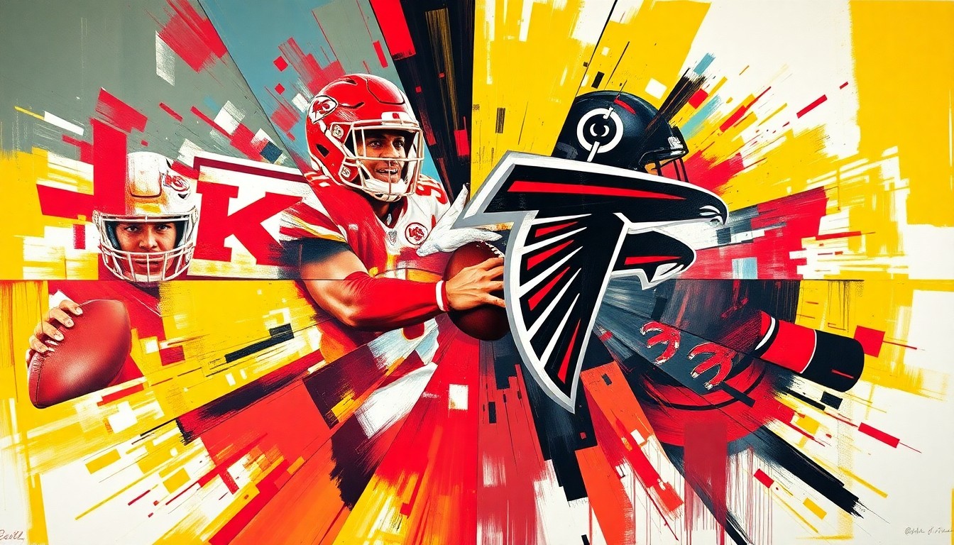 A fractured, multi-perspective painting in bold, overlapping geometric shapes and planes of red, gold, black, and white, conceptually representing the energy and dynamics of a football game between the Kansas City Chiefs and Atlanta Falcons.