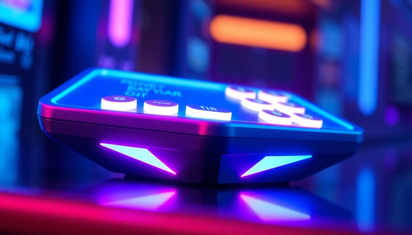 A highly detailed, glowing 3D illustration of a futuristic digital payment terminal, with sleek geometric shapes and neon cyan and magenta lights, conceptually representing the technological innovation and regulatory challenges facing Elon Musk's XMoney platform.