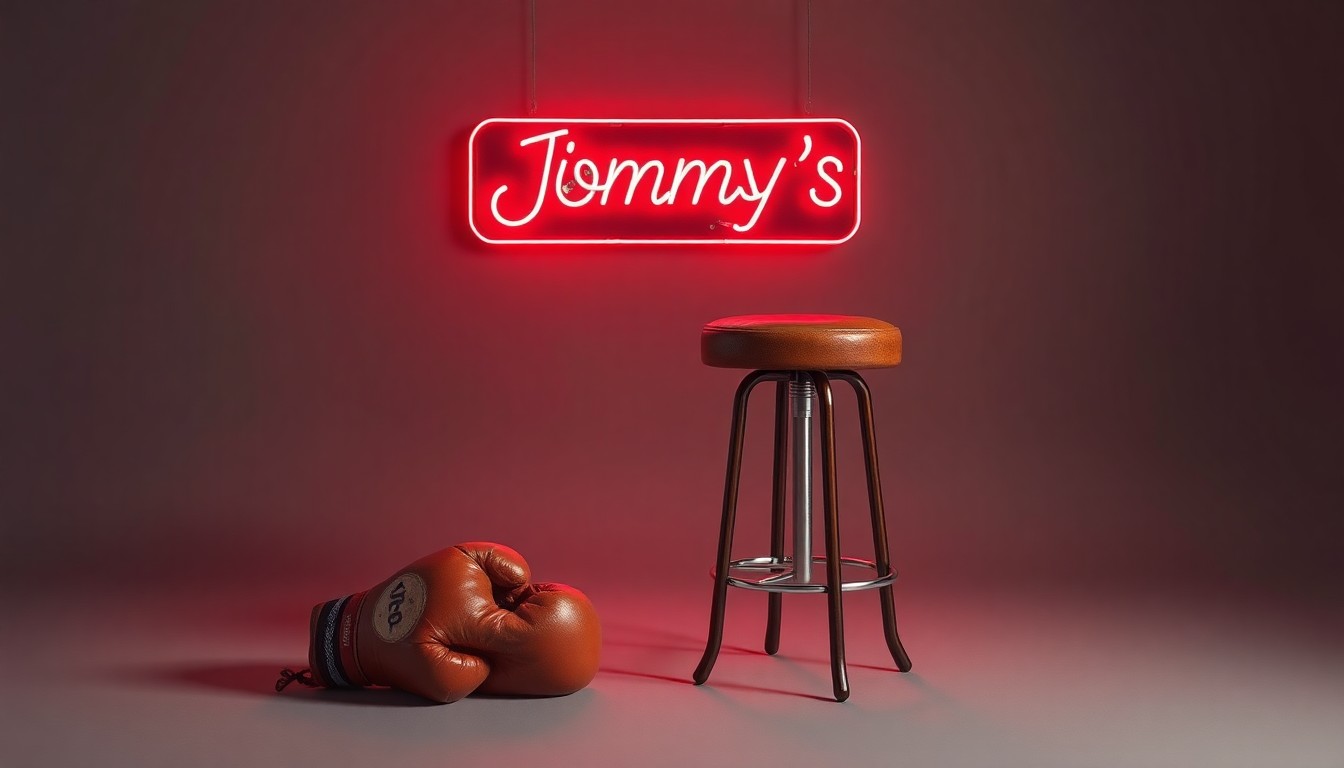 A high-end, photorealistic studio still-life photograph featuring a vintage boxing glove, a worn leather bar stool, and a neon sign reading 'Jimmy's Corner' arranged elegantly on a clean, grey seamless background, conceptually representing the abstract concepts of small business displacement and the fight to preserve neighborhood character.