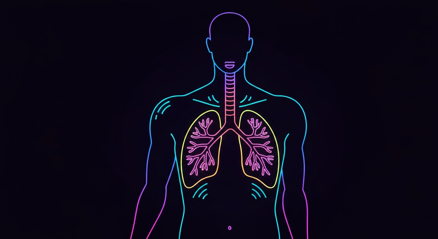 A minimalist, neon-outlined illustration depicting the internal structures of the human respiratory system, conceptually representing the public health challenges posed by the 'Super K' flu virus outbreak in Queensland.