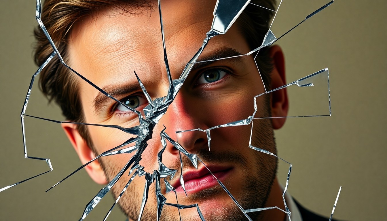 An abstract, high-contrast close-up image of shattered glass reflecting a blurred, distorted face, conveying a sense of damaged reputation and broken trust.