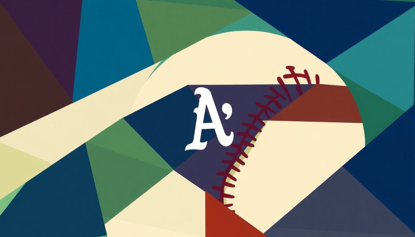 A fractured, multi-perspective painting in the style of Cubism, breaking down a baseball game into sharp, overlapping geometric planes and planes of color, capturing the dynamic energy and intensity of the pitching duel between the A's and Mets.