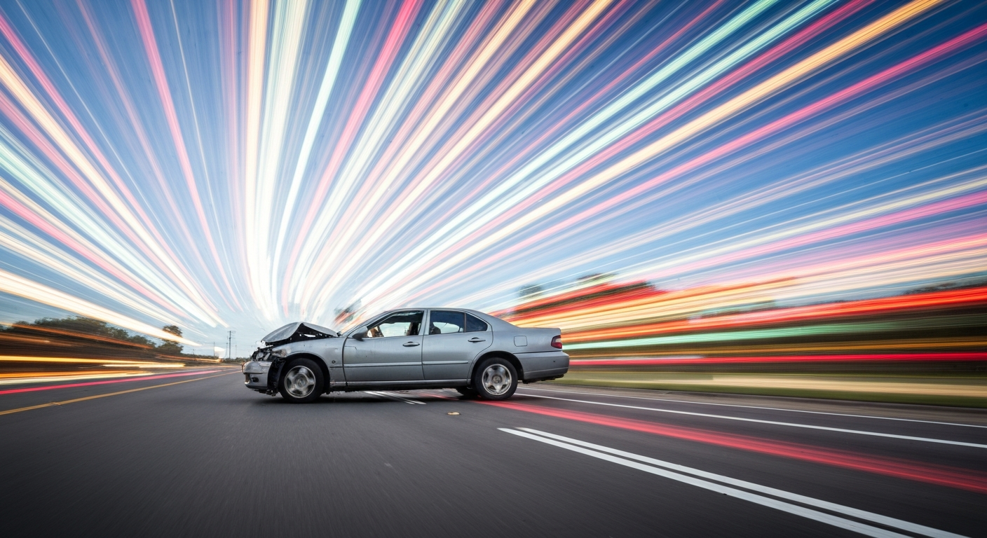An abstract, blurred image of a wrecked car on a road, conveying the chaos and disruption of a traffic accident through sweeping brushstrokes of color.