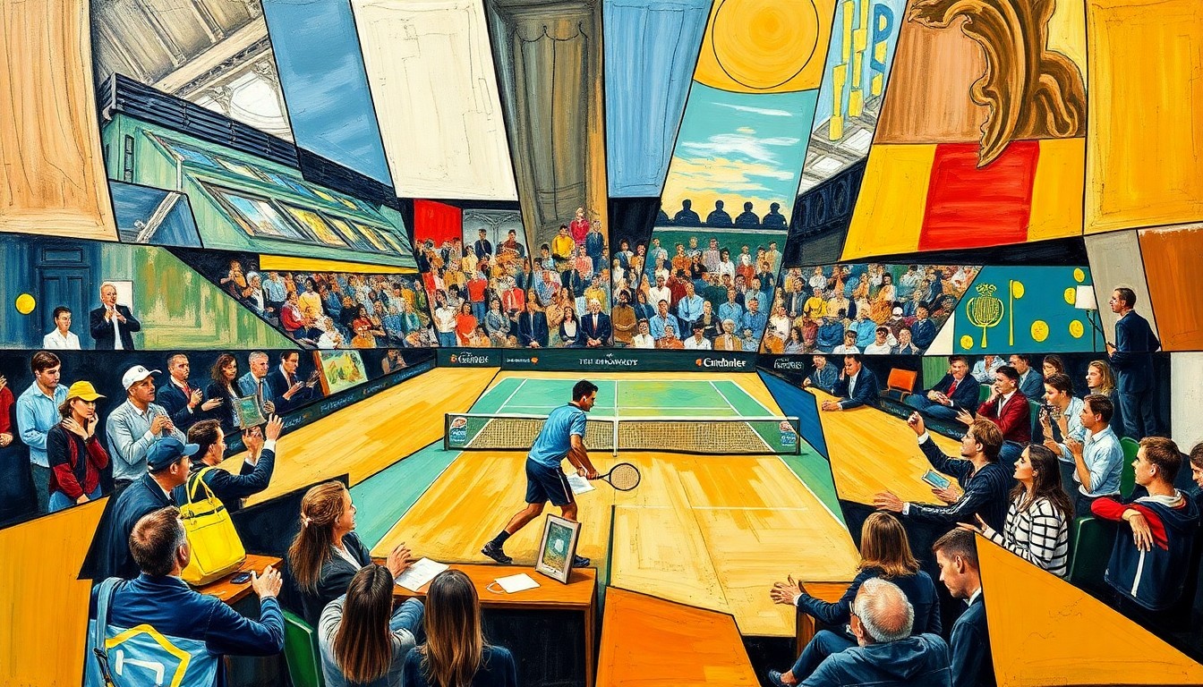 A fragmented, cubist-style painting depicting a tennis match in motion, with the players' forms broken down into sharp, angular shapes and planes of color, conveying the tension and energy of the high-stakes encounter.