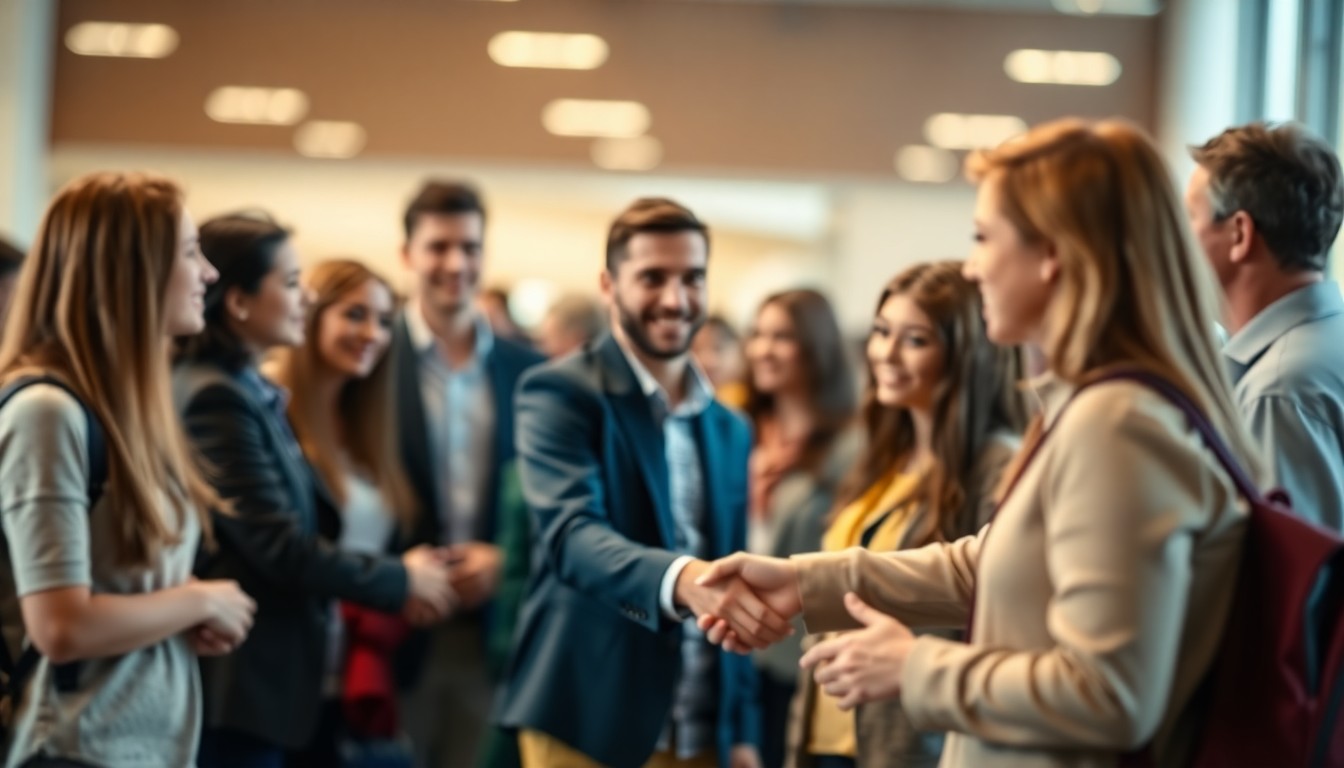 An abstracted, out-of-focus photograph showing the blurred silhouettes of high school students and business leaders shaking hands, surrounded by a warm, hazy glow of soft, colorful light, capturing the celebratory and collaborative spirit of the event.
