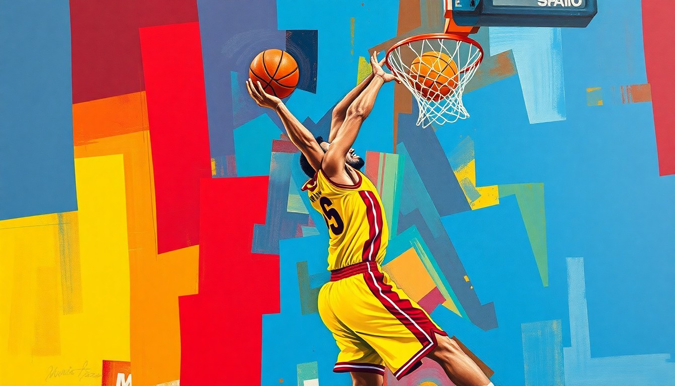 A fractured, cubist-style painting depicting a basketball player driving to the hoop, with sharp geometric shapes and planes in the Miami Heat's team colors of red, yellow, and blue, capturing the energy and movement of the game.