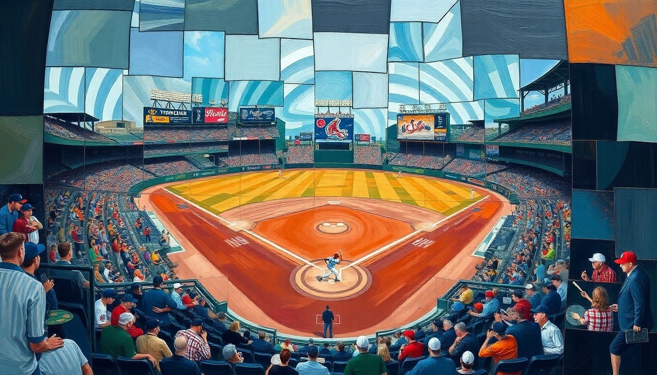 A cubist, geometric painting depicting a fragmented baseball game, with overlapping shapes and planes representing the dynamic roster moves between the two teams.