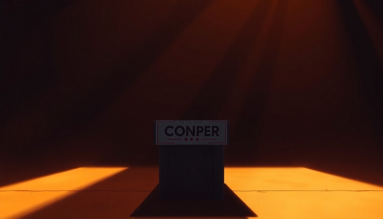 A serene, cinematic painting depicting a lone political campaign sign or podium set against a backdrop of warm, diagonal sunlight and deep shadows, conveying a sense of quiet contemplation and the nuanced challenges of modern politics.