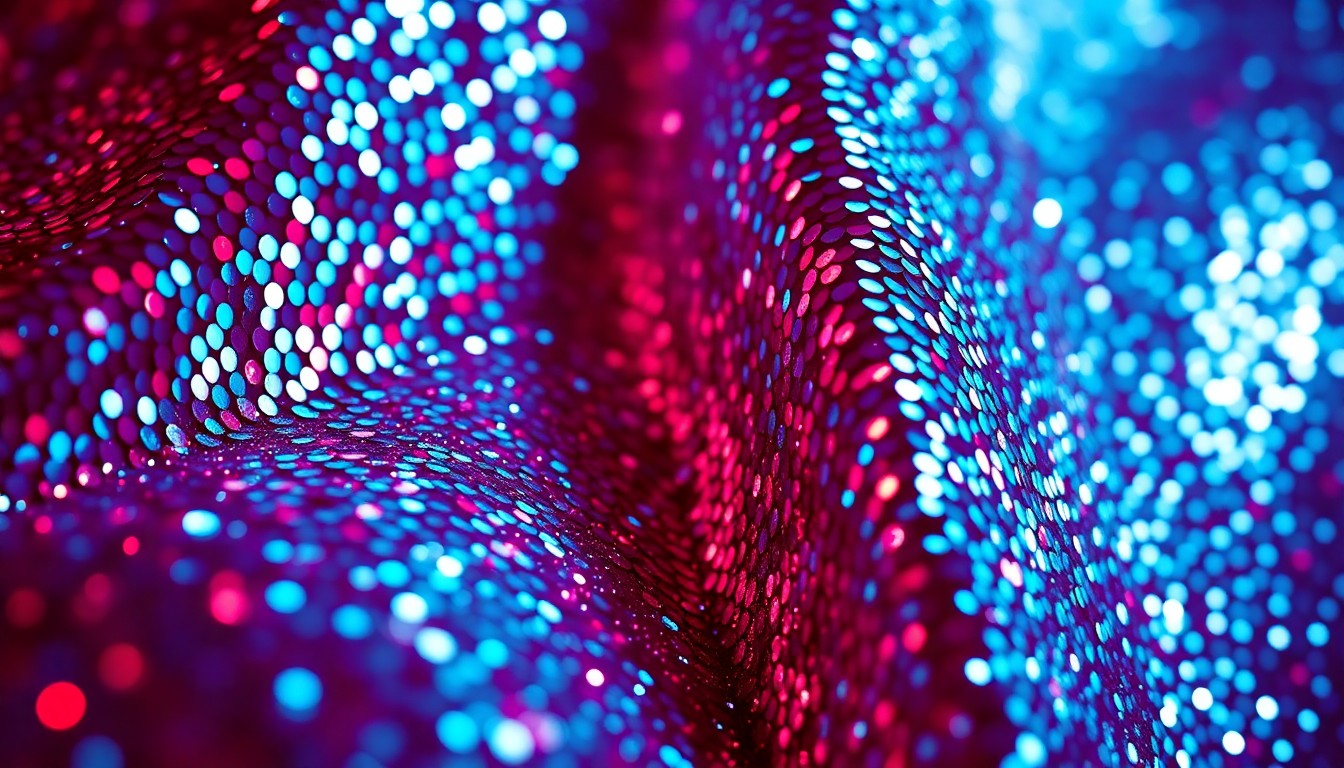 An extreme close-up of shimmering, glittering sequins reflecting dramatic studio lighting, conceptually representing the glamour and high-stakes world of Hollywood celebrity.