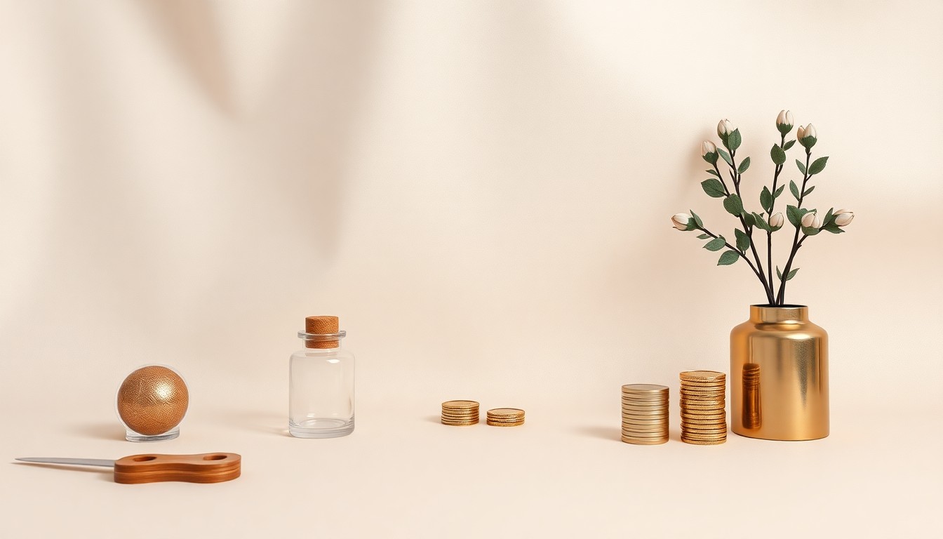 A minimalist studio still life photograph featuring a collection of premium, geometric objects arranged elegantly on a clean, monochromatic background, conceptually representing the abstract corporate challenges facing Towson Town Center.
