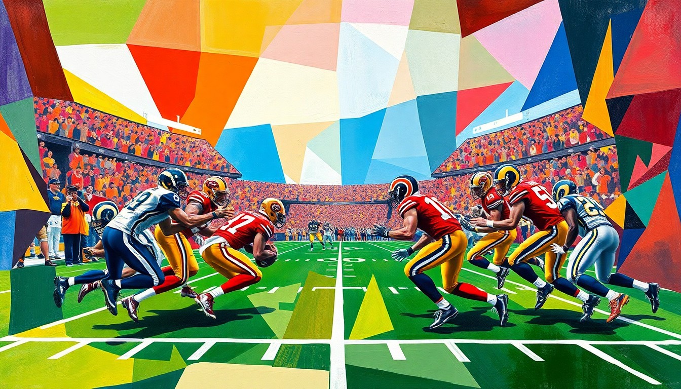 A fractured, cubist-style painting depicting an abstract, geometric representation of a football game, with the players and field broken down into sharp, overlapping shapes and planes in the official colors of the San Francisco 49ers and Los Angeles Rams.
