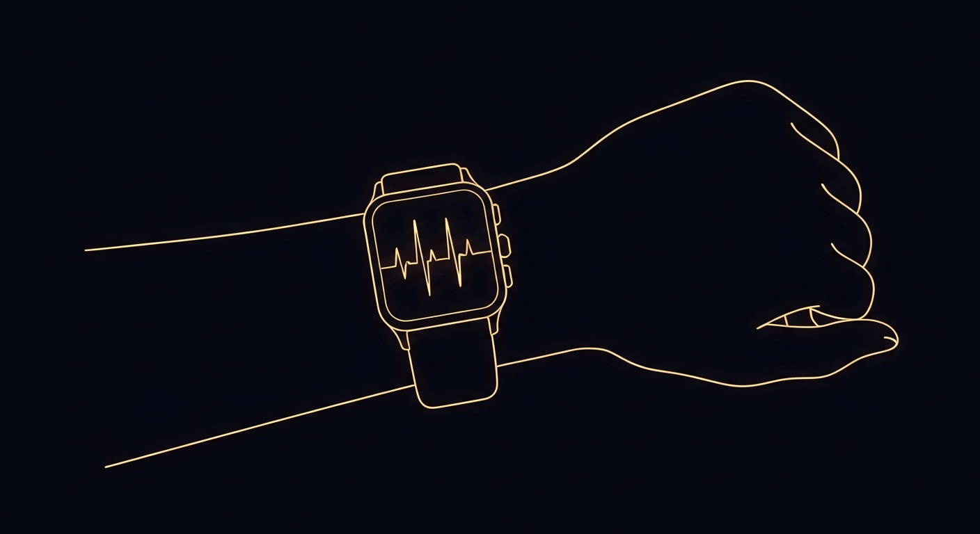A minimalist design in the style of Keith Haring, where a human wrist wearing a smartwatch is defined entirely by glowing, vibrant neon lines against a deep, dark background, emphasizing the shape and electricity of the device.