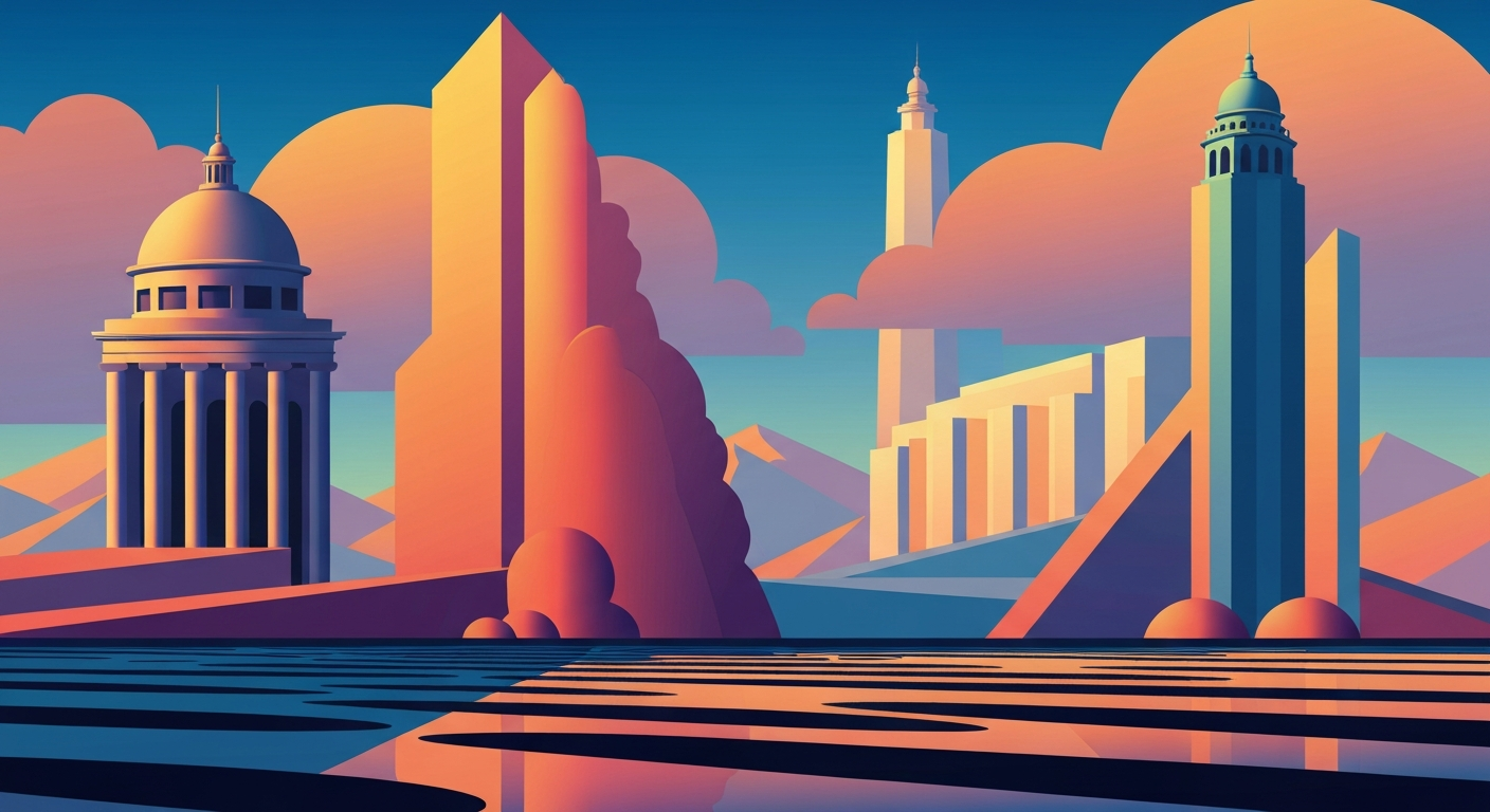 A bold, geometric illustration in the Art Deco style depicts the sweeping, streamlined architecture of the Little America travel center, capturing the romance and grand scale of the classic American road trip.