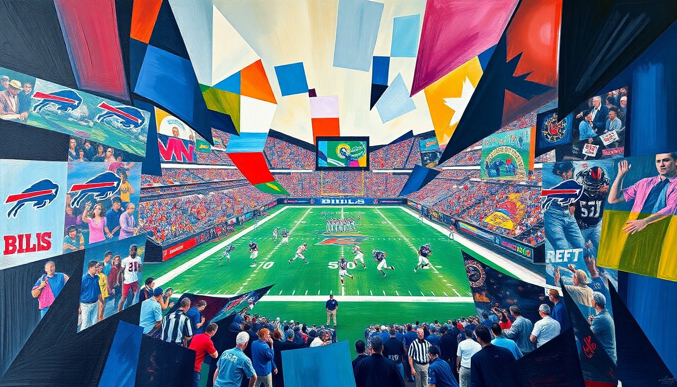 A cubist, geometric painting depicting a Buffalo Bills football game, with the players and field broken down into sharp, overlapping planes of color and shape, capturing the energy and intensity of the sport.