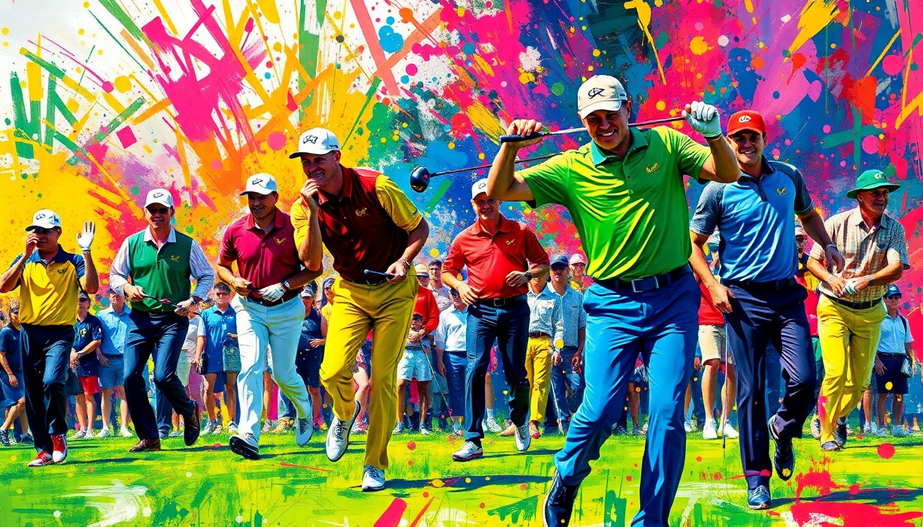 An abstract, expressionist painting in neon colors depicting the dynamic energy and celebratory atmosphere of the Masters Par 3 Contest, with golfers and caddies in motion but faces and logos dissolved into unrecognizable splatters.