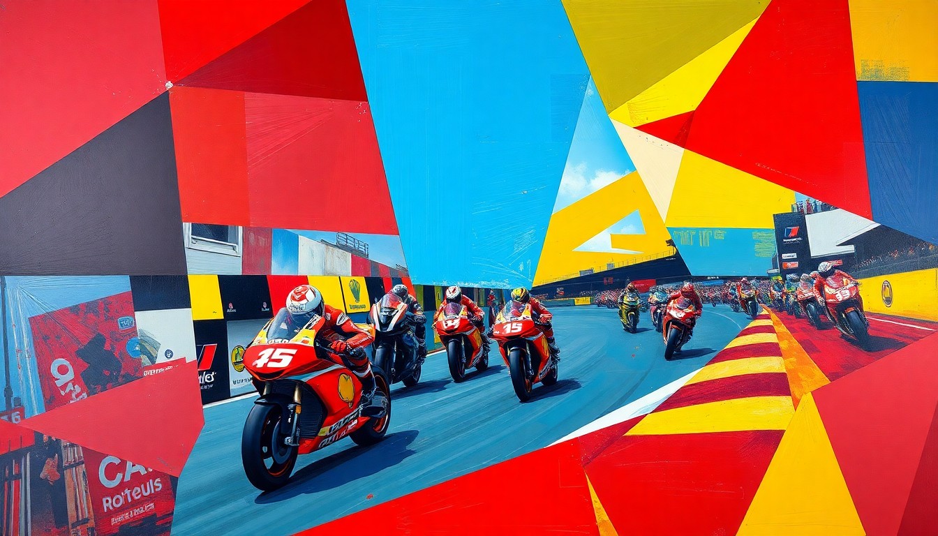 A cubist, geometric painting depicting a fragmented MotoGP race scene, with sharp planes of color and motion capturing the energy and dynamism of the sport.