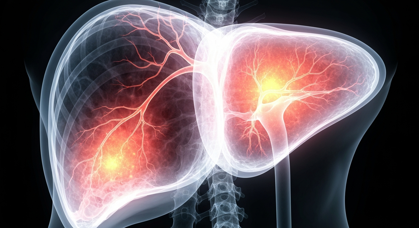 A translucent X-ray photograph revealing the intricate internal structures of a human liver, with glowing veins and tissue highlighting the potential damage caused by episodic heavy drinking patterns.