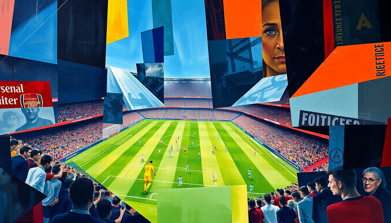 A cubist, geometric painting depicting a Premier League football match between Arsenal and Manchester City, with the players and action fragmented into sharp, overlapping planes of color and form.