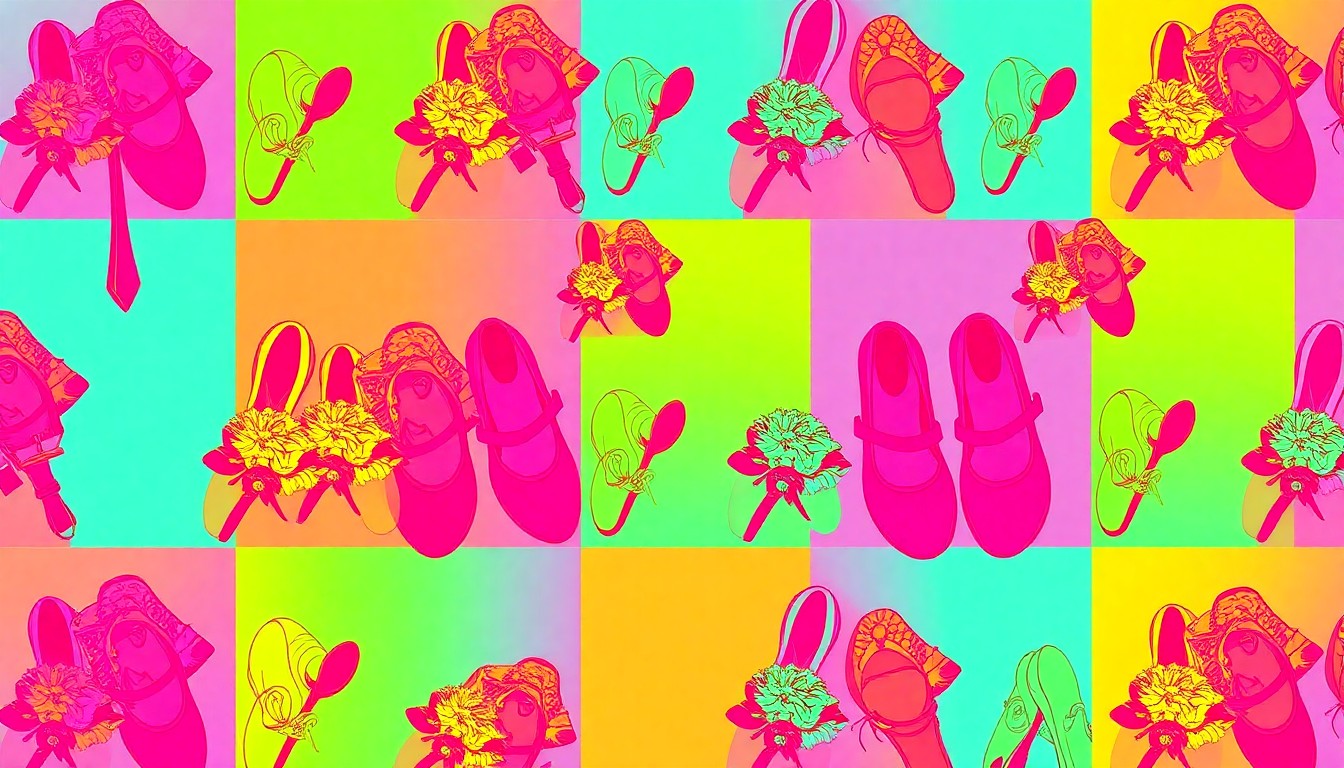 A bold, colorful silkscreen print featuring a repeating pattern of stylized prom accessories like corsages and dancing shoes, capturing the celebratory energy of high school prom night.