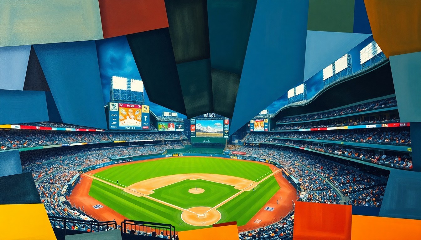 A cubist-style painting depicting a baseball game at Yankee Stadium, with the field and players broken down into sharp, overlapping geometric shapes and planes of light and shadow, capturing the dynamic energy of the rally hype light show.