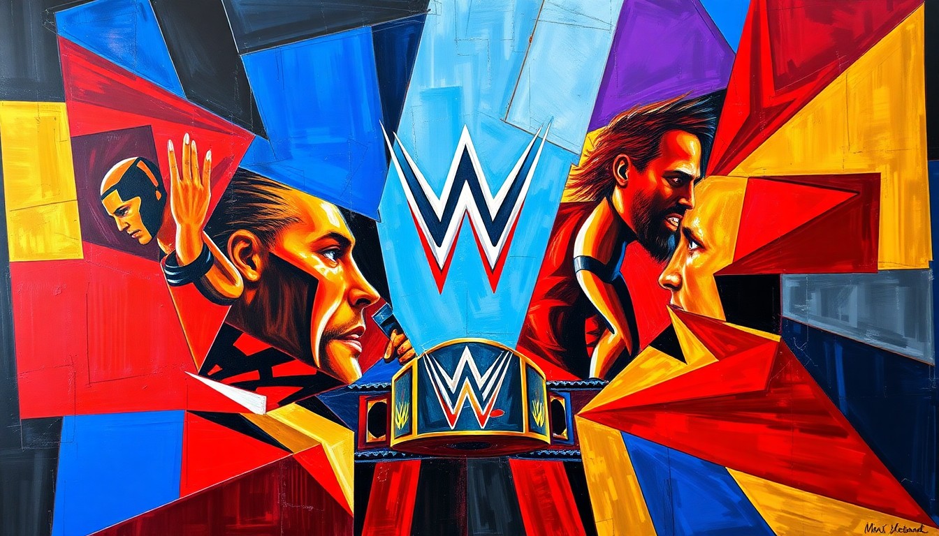 A cubist-inspired painting featuring sharp, geometric shapes in bold colors that evoke the high-energy action of a WWE title match.
