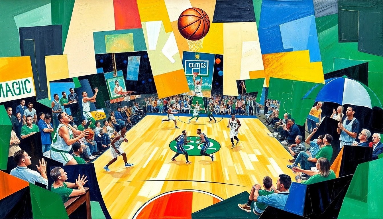 A cubist, geometric painting depicting a fragmented basketball court scene with overlapping shapes and planes in the team colors of the Boston Celtics and Orlando Magic, conceptually representing the strategic roster moves made by the Celtics as they finalize their playoff roster.