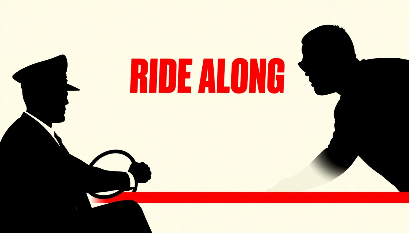 A bold, abstract illustration featuring jagged geometric shapes in high-contrast red and black, conceptually representing the buddy cop action and comedy of the 'Ride Along' film series.