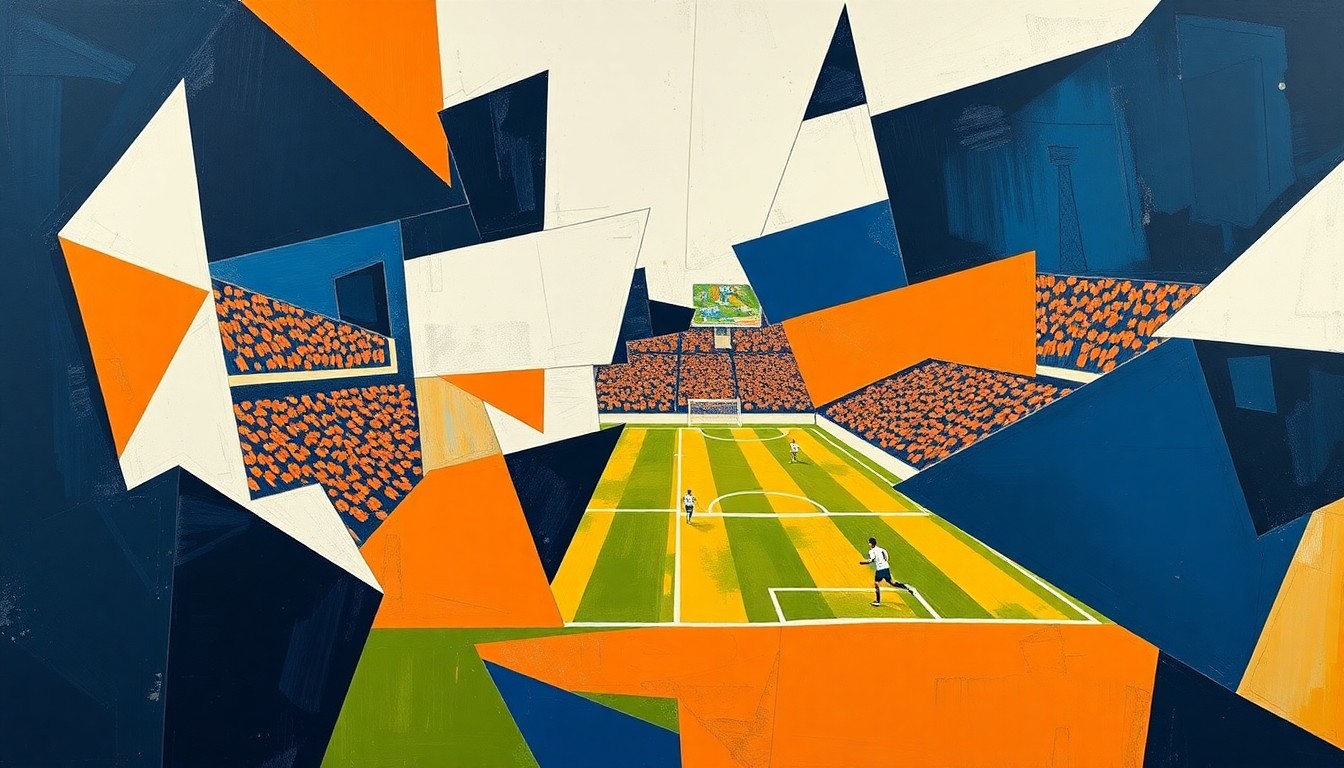 A fragmented, geometric painting depicting a football player in mid-motion, their form broken down into sharp, overlapping planes of navy blue, orange, and white, capturing the dynamic energy of the sport.