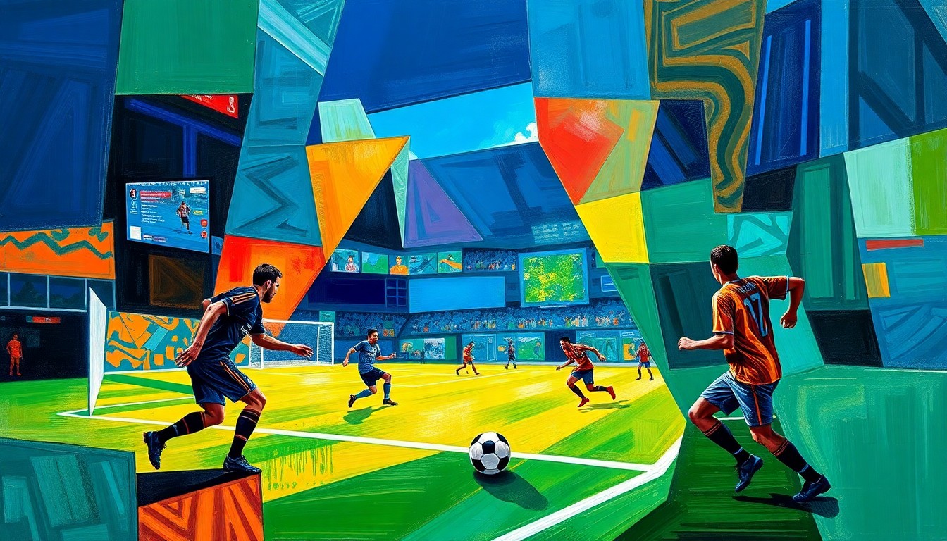 A cubist-style painting depicting a soccer match broken down into sharp, overlapping geometric shapes and planes in vibrant colors, conveying the complex and fragmented nature of modern football transfers.