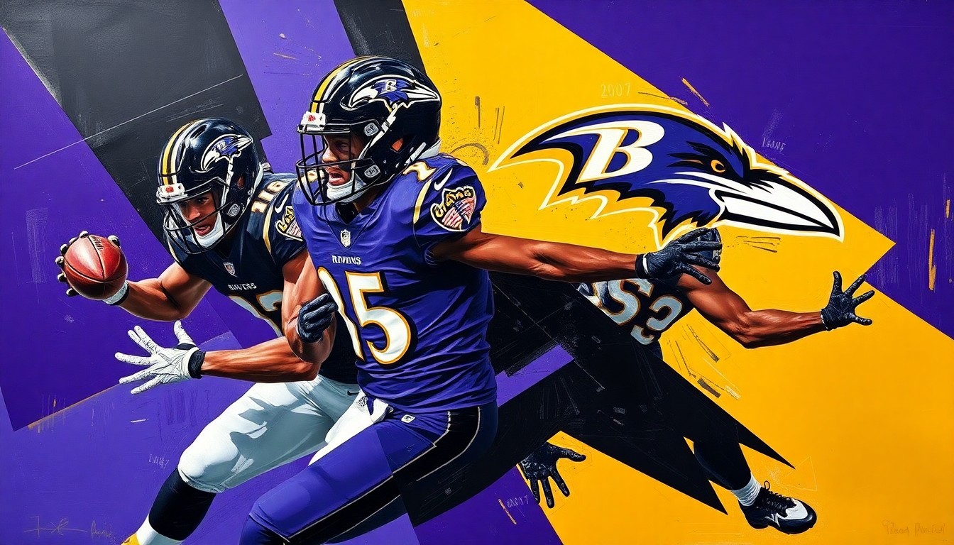 A cubist, geometric painting depicting a Ravens offensive play with fragmented, overlapping shapes in purple, black, and gold, capturing the dynamic energy of the team's new offensive system.