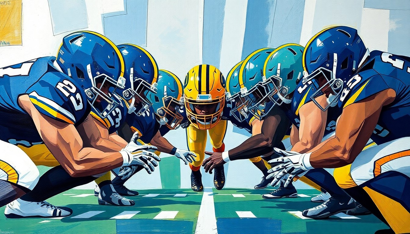 A fragmented, geometric painting depicting the intense physical struggle of an offensive line, with sharp planes of navy blue, gold, and white colliding in a dynamic composition.
