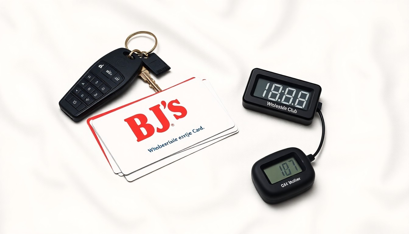 A minimalist studio still life photograph featuring a stack of BJ's Wholesale Club membership cards, a set of car keys, and a digital timer, symbolizing the convenience and time-saving benefits of the retailer's new extended hours.
