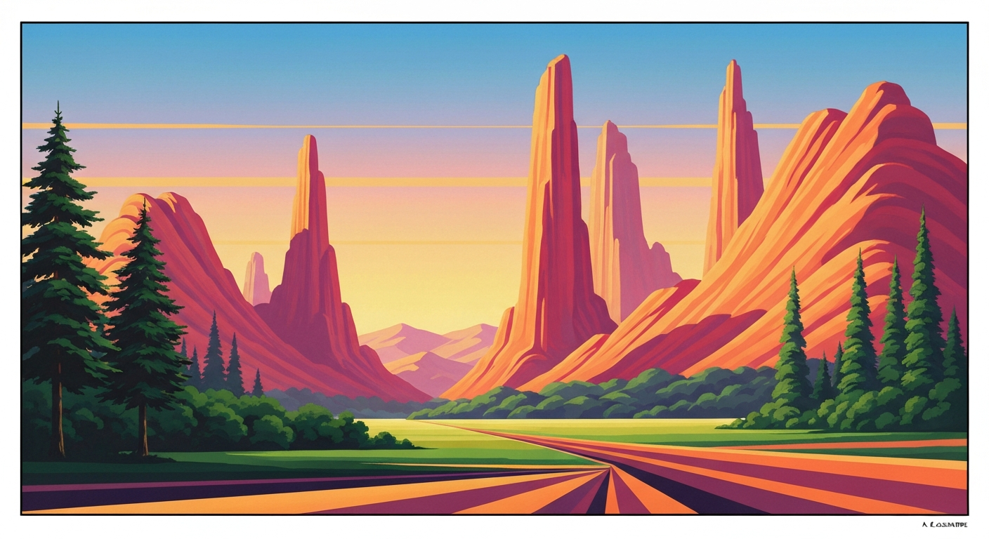 A highly stylized, geometric illustration depicting the sweeping, towering landscapes of the Ozark region, with smooth gradients of earthy greens, blues, and grays, capturing the grand scale and natural beauty of Roaring River State Park.