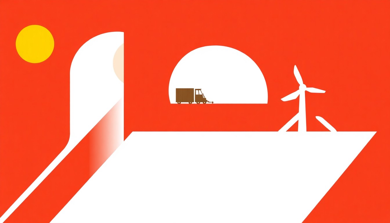 A minimalist illustration composed of overlapping triangles and circles in shades of blue, green, and red, conceptually representing the transition from fossil fuels to renewable energy sources.